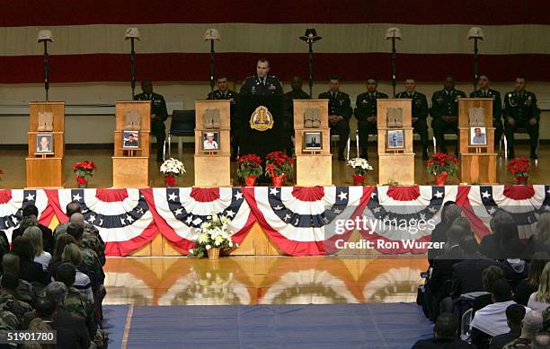 Memorial service is held for six members of the 1st Brigade, 25th Infantry Division December 29, 2004 in Fort Lewis, Washington. The six, all members...