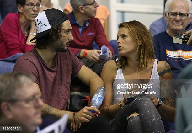 Laure Manaudou and her boyfriend Jeremy Frerot, singer of 'Frero Delavega' attend day 6 of the French National Swimming Championships at Piscine...