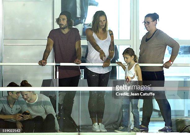 Laure Manaudou, her boyfriend Jeremy Frerot, singer of 'Frero Delavega', and her daughter Manon Bousquet attend day 6 of the French National Swimming...
