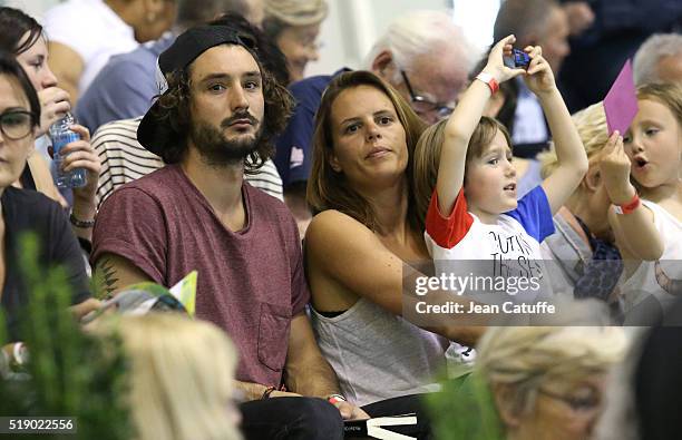 Laure Manaudou and her boyfriend Jeremy Frerot, singer of 'Frero Delavega' attend day 6 of the French National Swimming Championships at Piscine...