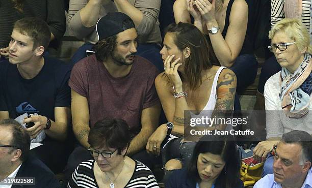 Laure Manaudou and her boyfriend Jeremy Frerot, singer of 'Frero Delavega' attend day 6 of the French National Swimming Championships at Piscine...