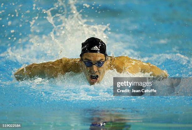 Camille Lacourt of France competes in the 100m butterfly on day 6 of the French National Swimming Championships at Piscine Olympique d'Antigone on...