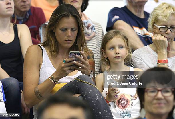 Laure Manaudou and her daughter Manon Bousquet attend day 6 of the French National Swimming Championships at Piscine Olympique d'Antigone on April 3,...