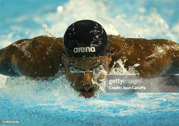 Mehdy Metella of France competes in the 100m butterfly on day 6 of the French National Swimming Championships at Piscine Olympique d'Antigone on...