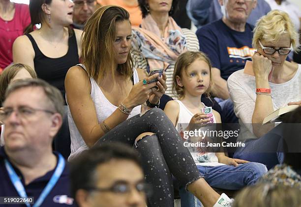 Laure Manaudou and her daughter Manon Bousquet attend day 6 of the French National Swimming Championships at Piscine Olympique d'Antigone on April 3,...