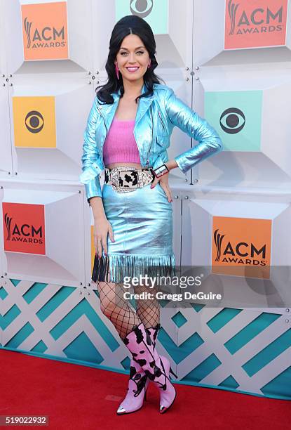 Singer Katy Perry arrives at the 51st Academy Of Country Music Awards at MGM Grand Garden Arena on April 3, 2016 in Las Vegas, Nevada.
