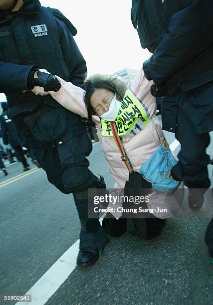 South Korean riot police arrest a protester during a rally demanding the repeal of the National Security Law in front of the National Assembly on...