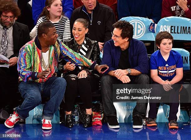 Tracy Morgan, Megan Morgan, Ben Stiller and Quinlin Stiller attend the Indiana Pacers vs New York Knicks game at Madison Square Garden on April 3,...