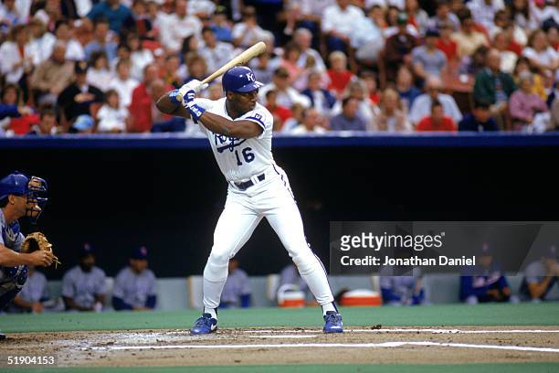 Bo Jackson of the Kansas City Royals stands ready at the plate during a game in the 1990 season at Royals Stadium in Kansas City, Missouri.