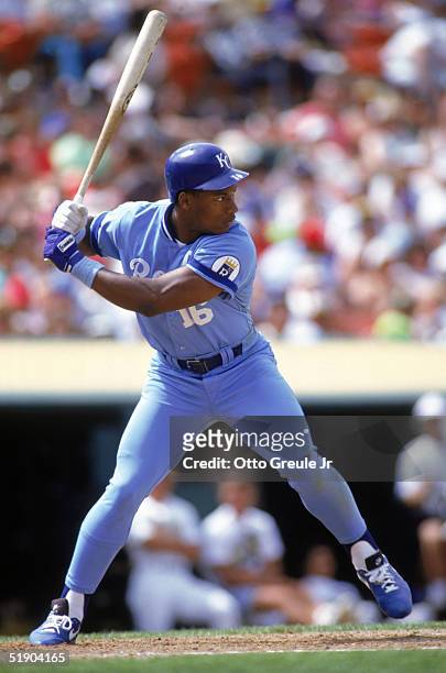 Bo Jackson of the Kansas City Royals stands ready at the plate during a game against the Oakland Athletics at Oakland-Alameda County Coliseum in 1990...