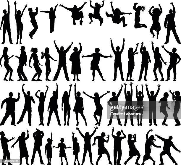 sehr detaillierte glücklich menschen - happy dance silhouette stock-grafiken, -clipart, -cartoons und -symbole