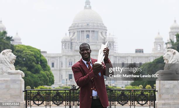 Darren Sammy, Captain of the West Indies poses with the trophy during a photocall after winning the Final of the ICC Men's World Twenty20 on April 4,...