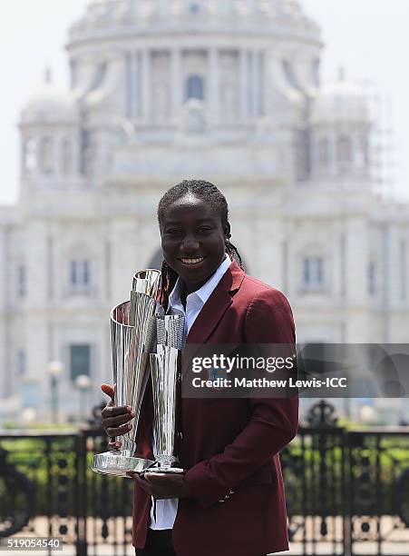 Stafanie Taylor, Captain of the West Indies poses with the trophy during a photocall after winning the Final of the ICC Women's World Twenty20 on...