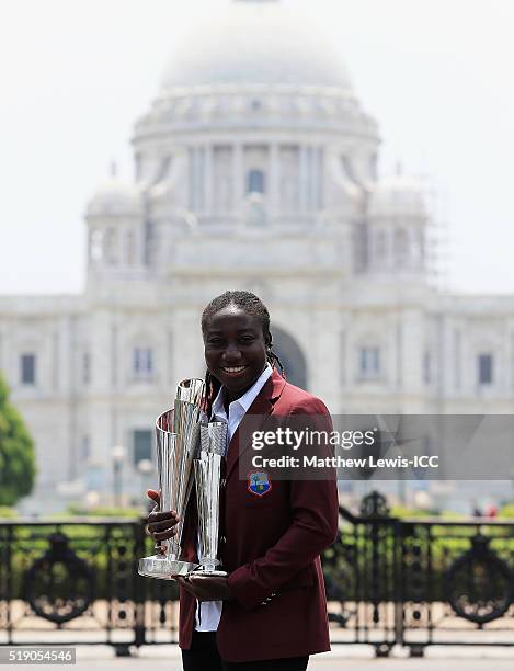 Stafanie Taylor, Captain of the West Indies poses with the trophy during a photocall after winning the Final of the ICC Women's World Twenty20 on...