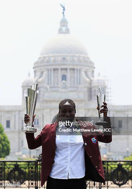 Stafanie Taylor, Captain of the West Indies poses with the trophy during a photocall after winning the Final of the ICC Women's World Twenty20 on...