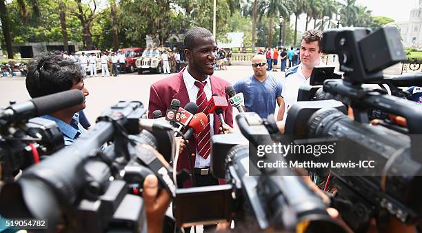 Darren Sammy, Captain of the West Indies talks to media during a photocall after winning the Final of the ICC Men's World Twenty20 on April 4, 2016...