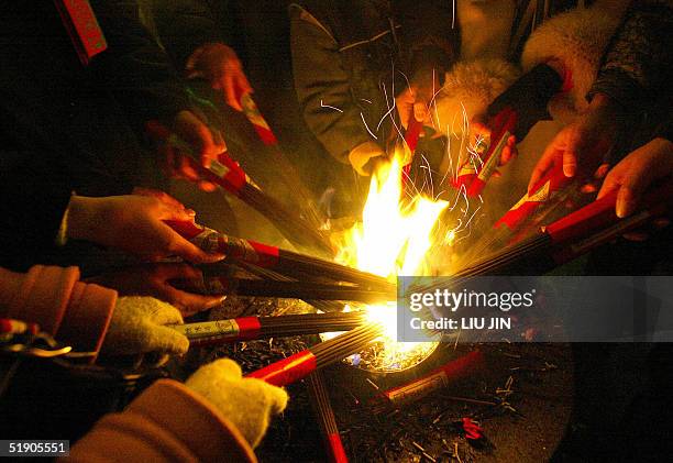 Pilgrims burn incense to pray and to make wishes during the New Year's celebrations at Longhua Temple in Shanghai, 01 January 2005. For Chinese, when...