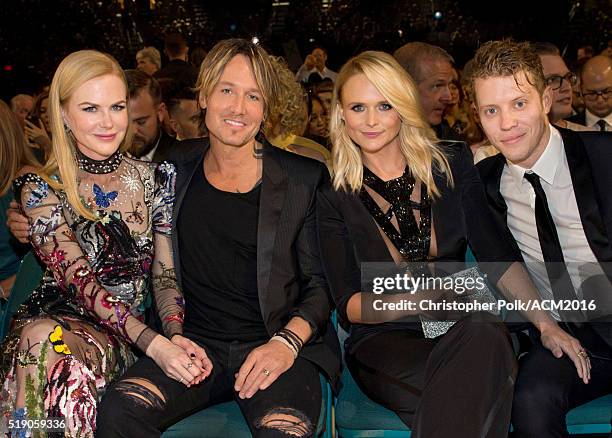 Recording artist Keith Urban, Nicole Kidman, Miranda Lambert and Anderson East pose in the audience at the 51st Academy of Country Music Awards at...