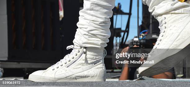 Sam Hunt, Diesel shoe detail, performs during the ACM Party for a Cause Festival at the Las Vegas Festival Grounds on April 3, 2016 in Las Vegas,...