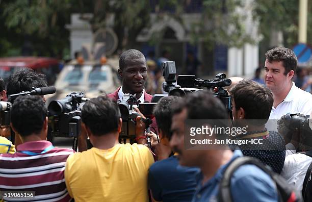 Darren Sammy, Captain of the West Indies answers questions from the press during a photocall after winning the Final of the ICC Men's World Twenty20...