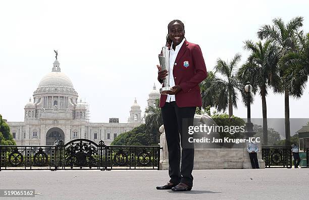 Stafanie Taylor, Captain of the West Indies poses with the trophy during a photocall after winning the Final of the ICC Women's World Twenty20 at the...