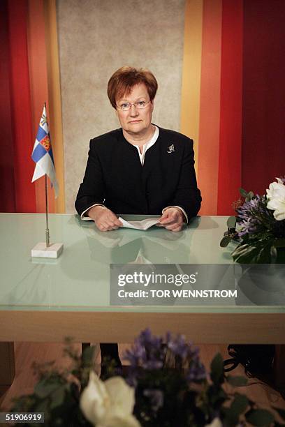 Finnish President Tarja Halonen gives her televised New Year's speech in Helsinki, 01 January 2005. Halonen asked all Finns to take part in helping...