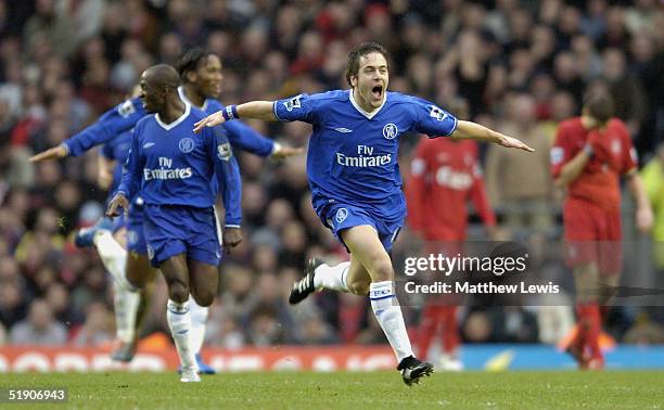 Joe Cole of Chelsea celebrates his goal during the FA Barclays Premiership match between Liverpool and Chelsea at Anfield on January 1, 2005 in...