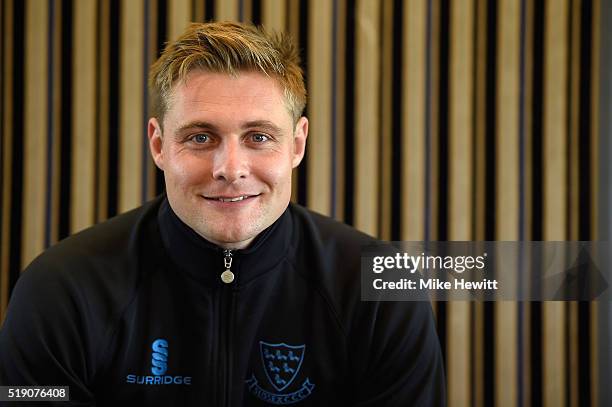 Sussex captain Luke Wright poses for a portrait during the Sussex Media Day at the County Ground on April 4, 2016 in Hove, England.