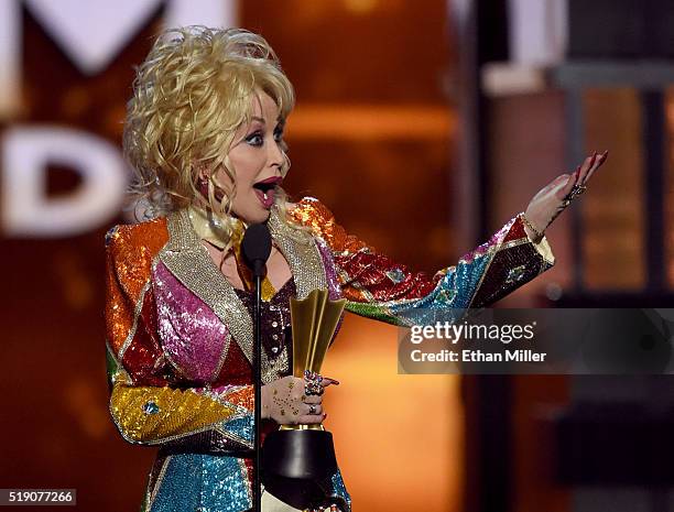 Honoree Dolly Parton accepts the Tex Ritter Award during the 51st Academy of Country Music Awards at MGM Grand Garden Arena on April 3, 2016 in Las...