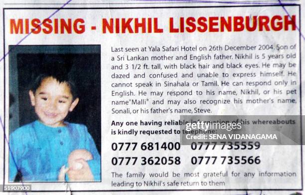 Copy 02 January 2005 of a Sri Lankan newspaper advertisement asking help to track down five-year-old Nikhil Lissenburgh, son of a Sri Lankan mother...