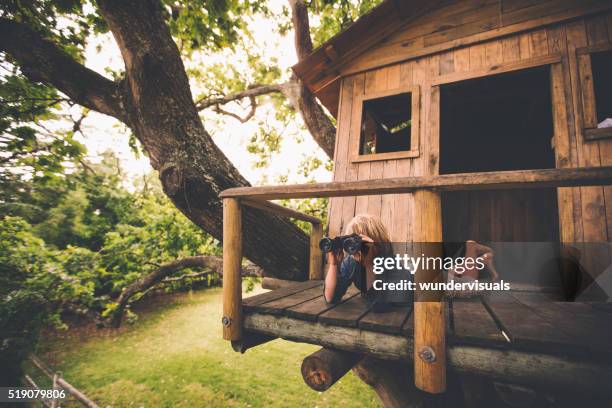 boy in a treehouse looking in the distance with binoculars - kids fort stock pictures, royalty-free photos & images