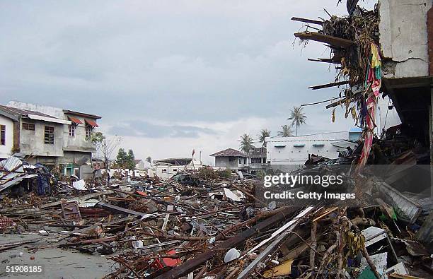 In this handout photo from the Department of Defense, wreckage and debris line the streets on January 1, 2005 following a massive tsunami that struck...