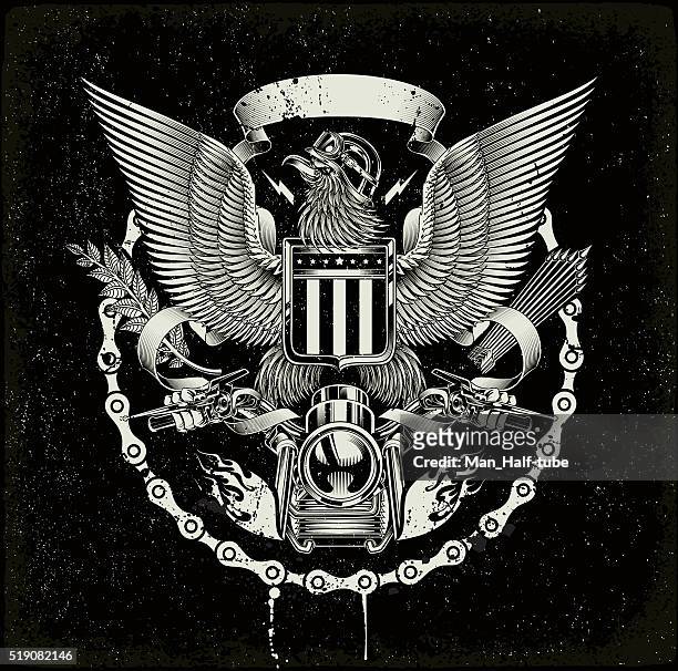 amerikanische wappen-biker-eagle - motorbike flag stock-grafiken, -clipart, -cartoons und -symbole