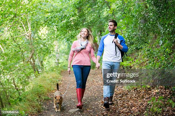 couple out for a walk - young couple walking dog stock pictures, royalty-free photos & images