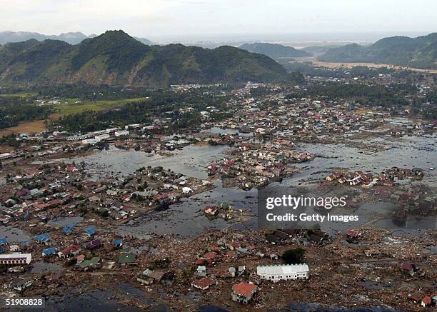 In this handout photo from the U.S. Navy, a view of the landscape a week after a tsunami swept through i seen January 2, 2005 in Sumatra, Indonesia....