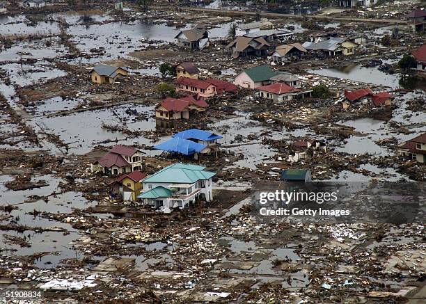 In this handout photo from the U.S. Navy, a view of the landscape a week after a tsunami swept through i seen January 2, 2005 in Sumatra, Indonesia....