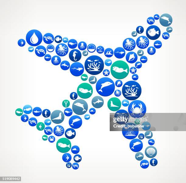 plane sea and marine life button pattern - green leave white background stock illustrations
