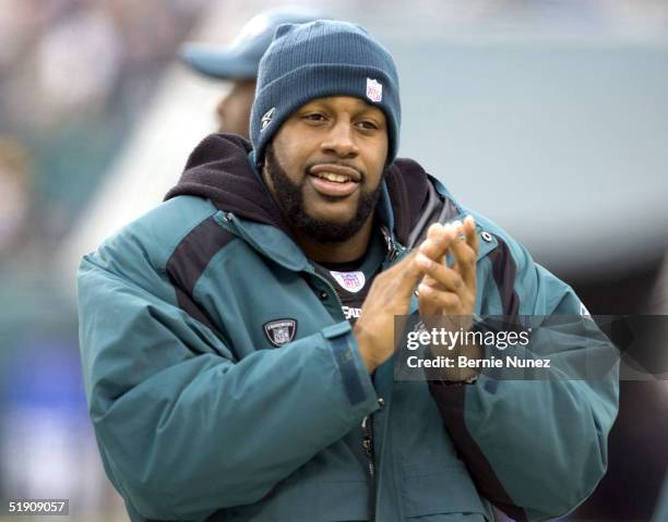 Donovan McNabb of the Philadelphia Eagles finds something to cheer in the game against the Cincinnati Bengals at Lincoln Financial Field on January...