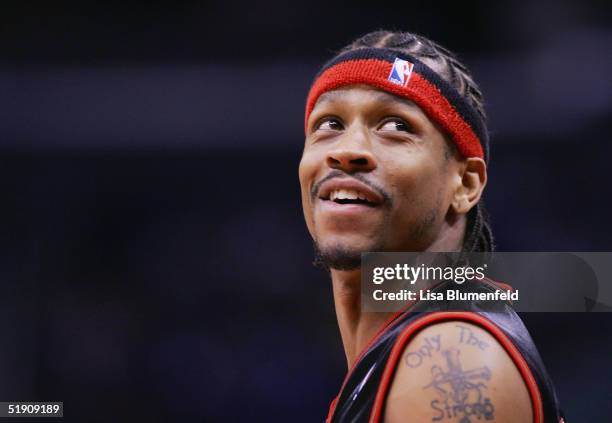 Allen Iverson of the Philadelphia 76ers looks up at the scoreboard during the game against the Los Angeles Clippers on January 2, 2005 at Staples...