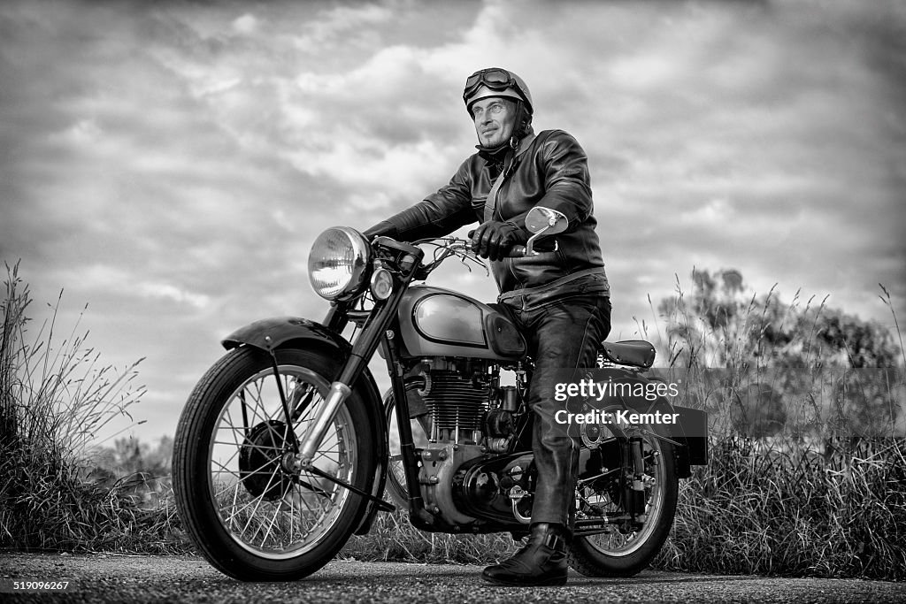 Biker on vintage motorcycle