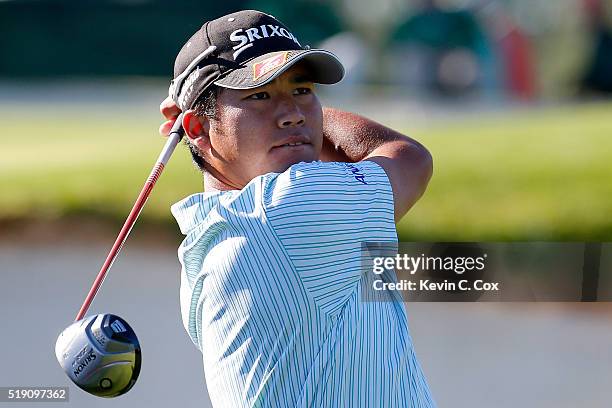 Hideki Matsuyama of Japan plays a shot during a practice round prior to the start of the 2016 Masters Tournament at Augusta National Golf Club on...