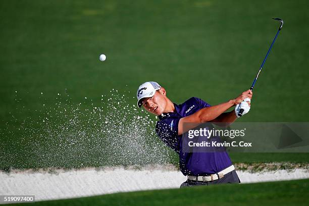 Danny Lee of New Zealand plays a shot during a practice round prior to the start of the 2016 Masters Tournament at Augusta National Golf Club on...