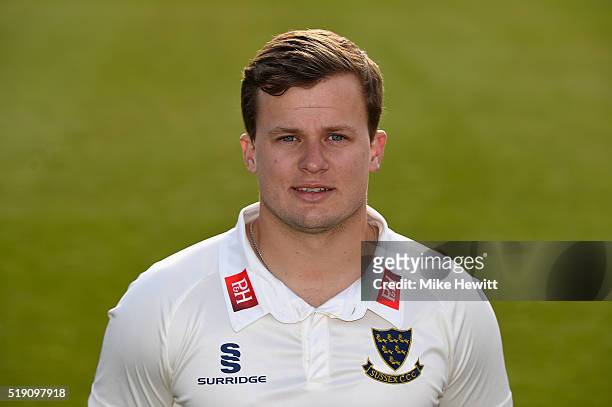 Craig Cachopa of Sussex poses for a portrait during the Sussex Media Day at the County Ground on April 4, 2016 in Hove, England.
