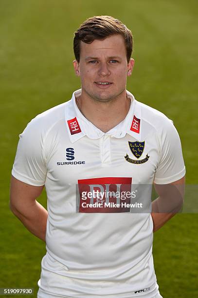 Craig Cachopa of Sussex poses for a portrait during the Sussex Media Day at the County Ground on April 4, 2016 in Hove, England.
