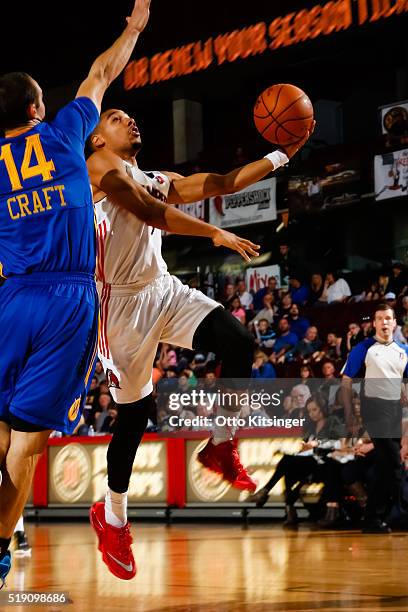 Phil Pressey of the Idaho Stampede drives to the basket against the Santa Cruz Warriors at CenturyLink Arena on April 2, 2016 in Boise, Idaho. NOTE...