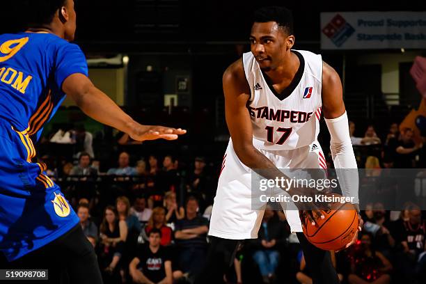 Jalil Abdul-Bassit of the Idaho Stampede looks for a pass against the Santa Cruz Warriors at CenturyLink Arena on April 2, 2016 in Boise, Idaho. NOTE...