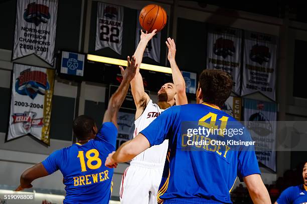 Brien of the Idaho Stampede shoots the ball against the Santa Cruz Warriors at CenturyLink Arena on April 2, 2016 in Boise, Idaho. NOTE TO USER: User...