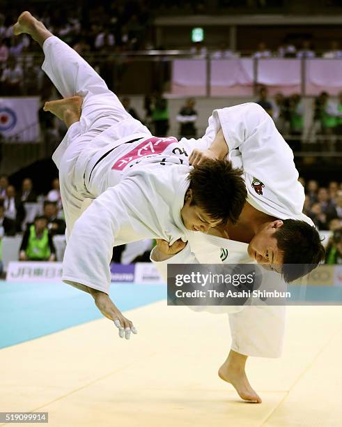 Hisayoshi Harasawa throws Ryu Shichinohe to take a point in the Men's +100kg final during day one of the All Japan Judo Championships By Weight...