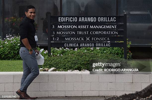 View of a sign outside the building where Panama-based Mossack Fonseca law firm offices are in Panama City, on April 4, 2016. A massive leak -coming...