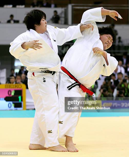 Kanae Yamabe and Sara Asahina compete in the Women's +78kg final during day one of the All Japan Judo Championships By Weight Category at the Fukuoka...